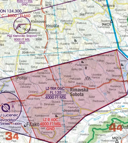 TRA Temporäre Zivile Luftraumreservierung auf der Luftfahrtkarte der Slowakei in 500k