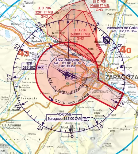 ATZ Flugplatzverkehrszone auf der 500k Luftfahrtkarte von Spanien