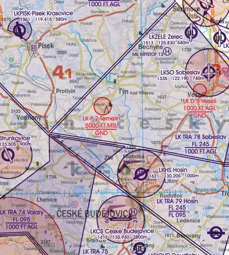 Flugbeschränkungsgebiet auf der Luftfahrtkarte von Tschechien in 500k