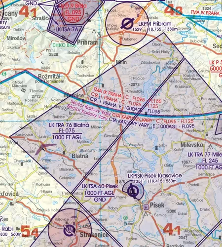 TRA Temporäre Zivile Luftraumreservierung auf der VFR Karte von Tschechien in 500k