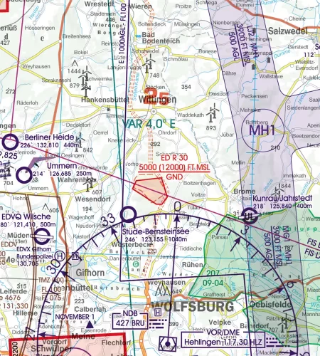 TRA Temporary Restricted Area on the ICAO Chart of Germany in 500k