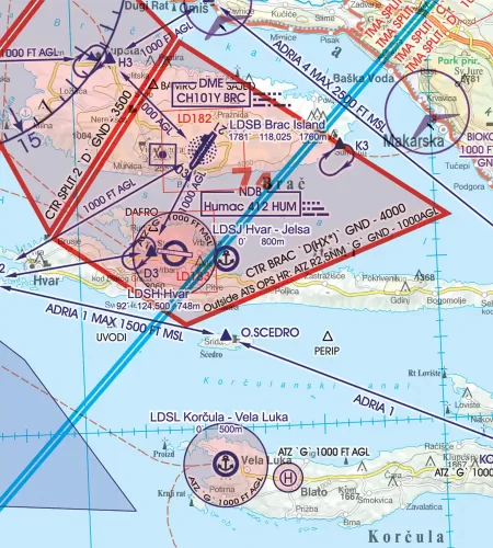 ATZ Flugkontrollzone auf der 500k VFR Karte von Kroatien